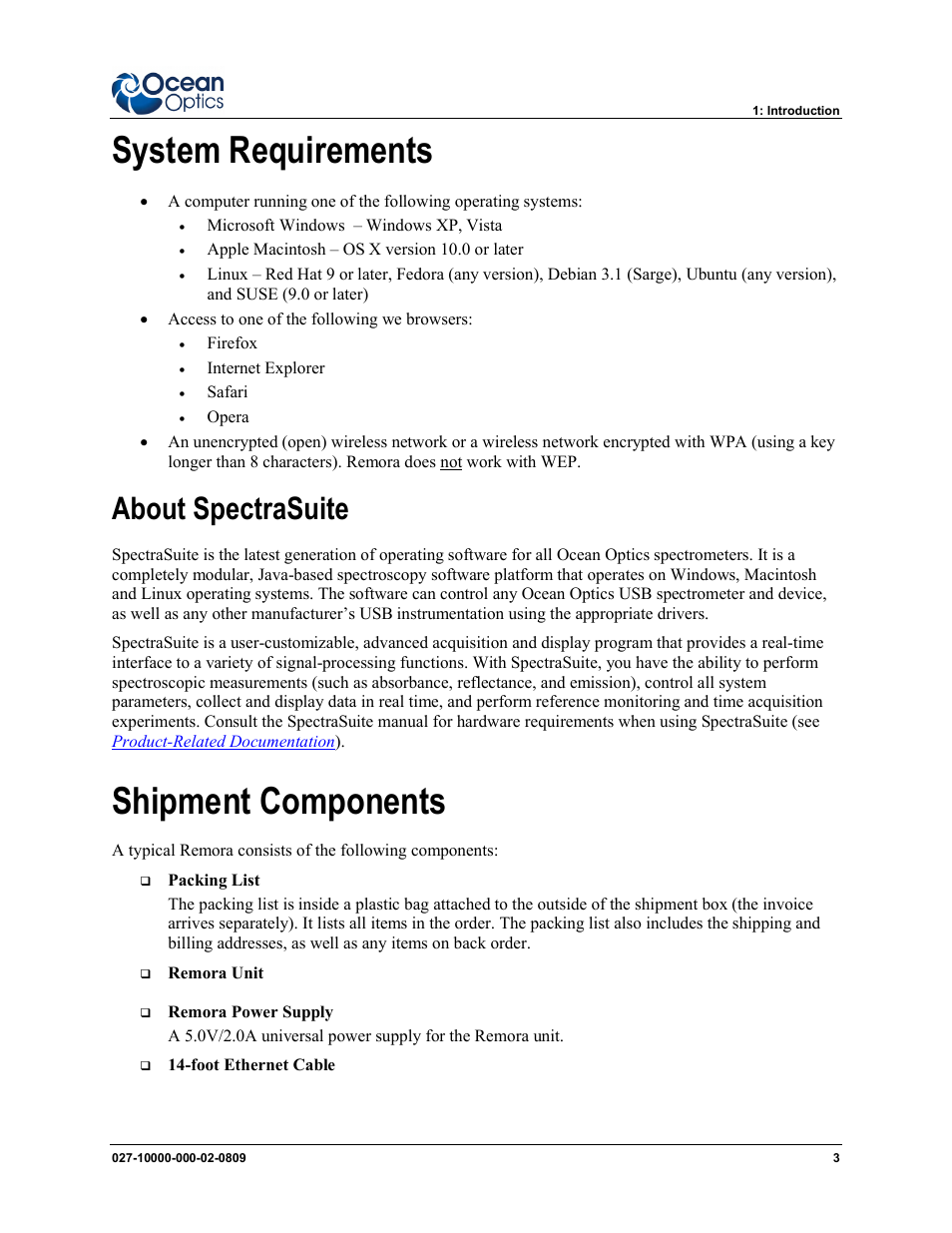System requirements, About spectrasuite, Shipment components | Ocean Optics Remora User Manual | Page 9 / 42