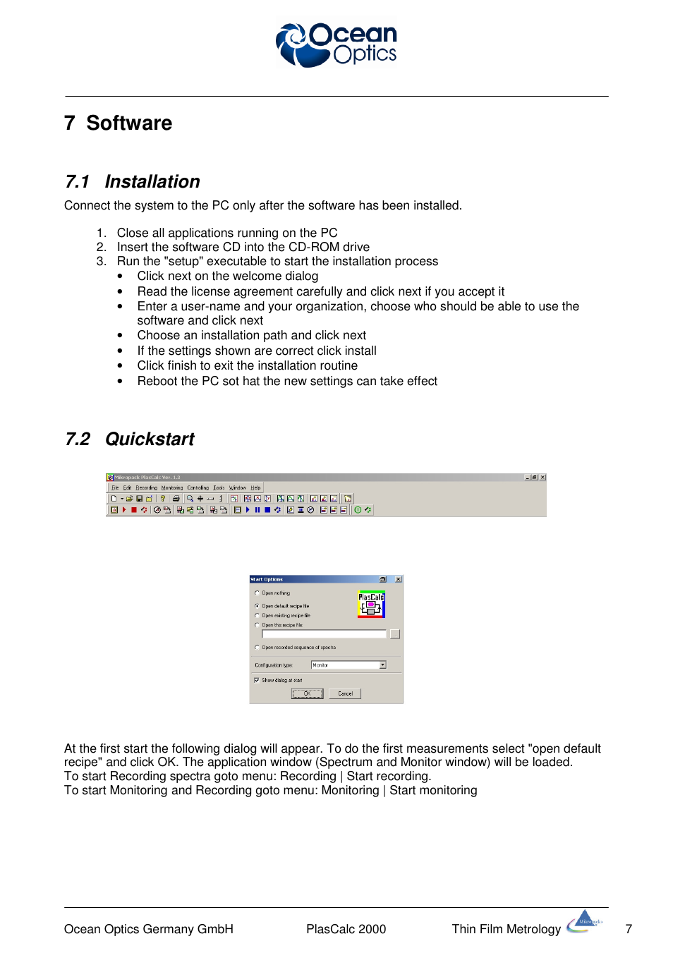 7 software, 1 installation, 2 quickstart | Ocean Optics PlasCalc User Manual | Page 10 / 59