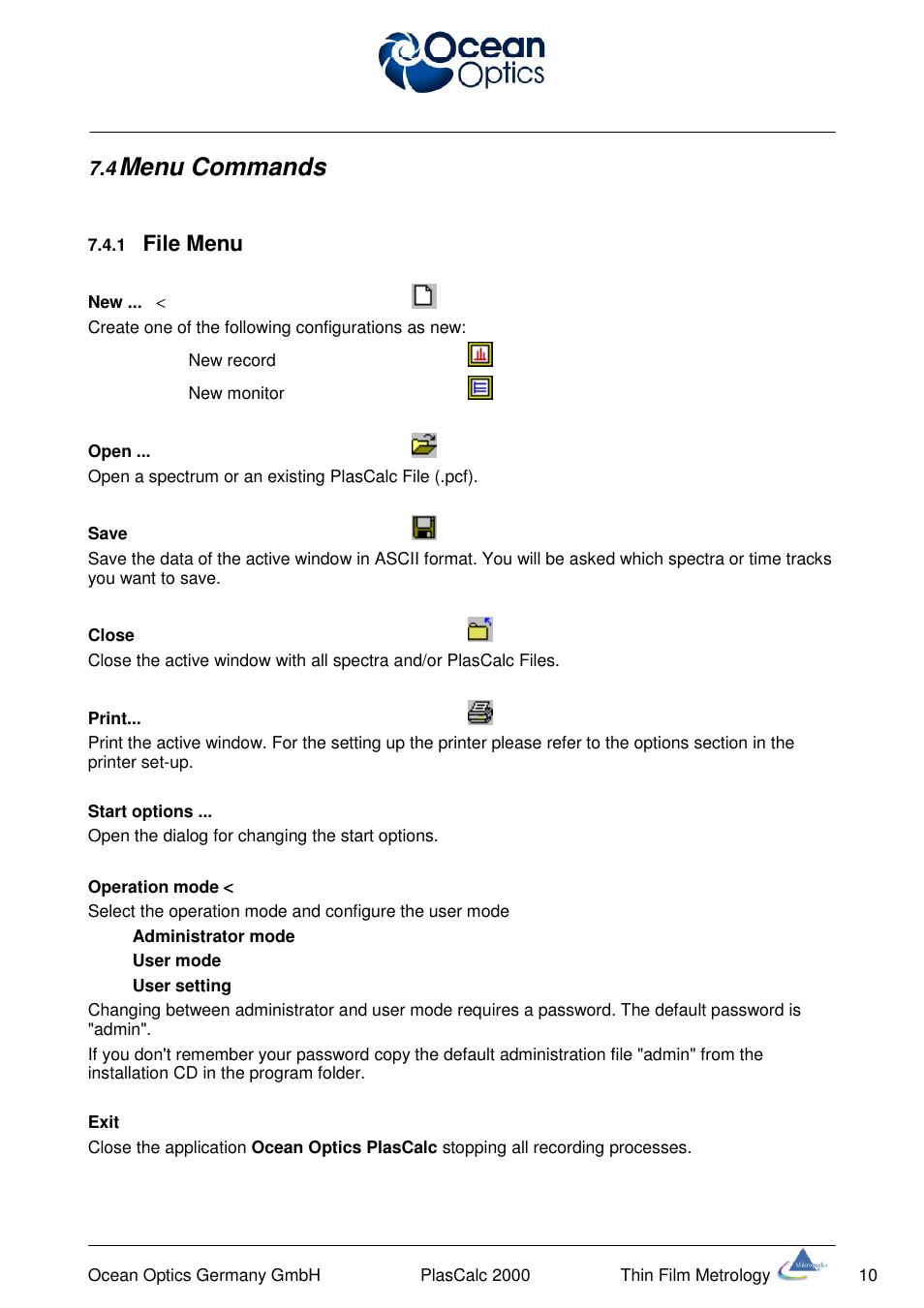 Menu commands, File menu | Ocean Optics PlasCalc User Manual | Page 13 / 59