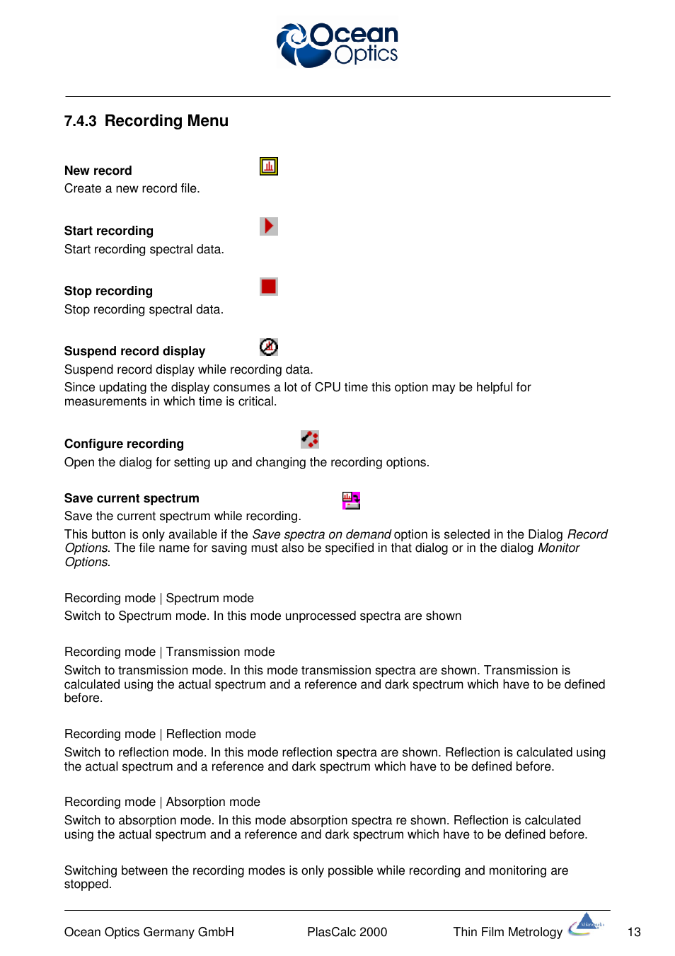 Recording menu | Ocean Optics PlasCalc User Manual | Page 16 / 59