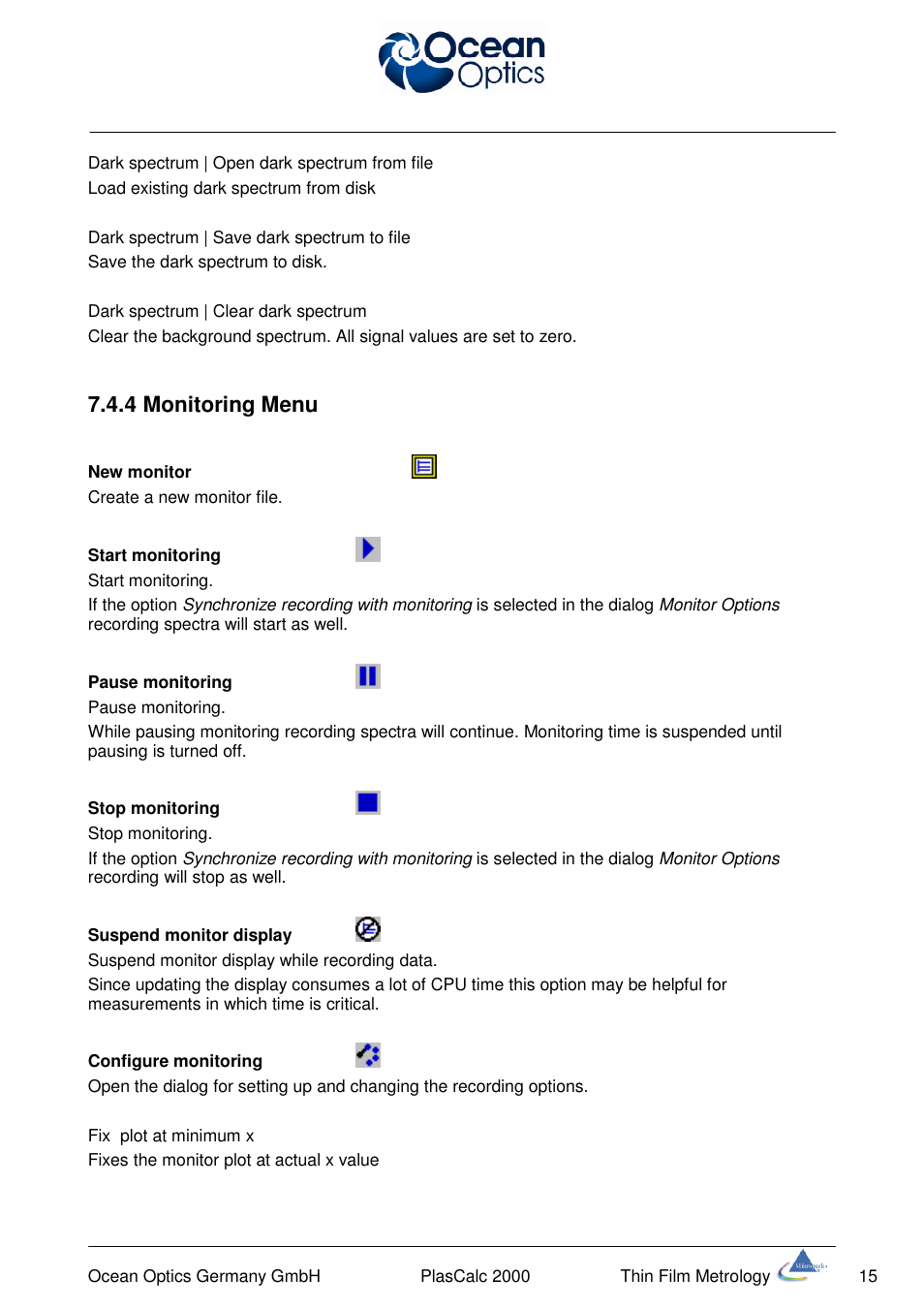 4 monitoring menu | Ocean Optics PlasCalc User Manual | Page 18 / 59