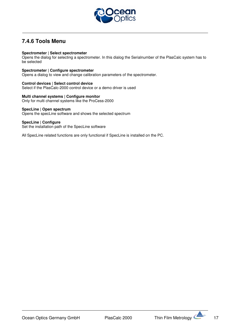 6 tools menu | Ocean Optics PlasCalc User Manual | Page 20 / 59