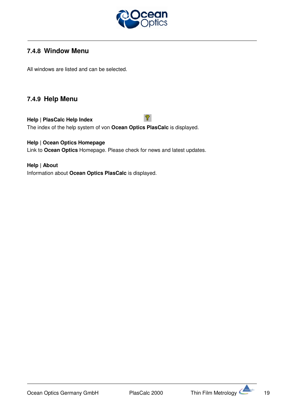 Window menu, Help menu | Ocean Optics PlasCalc User Manual | Page 22 / 59