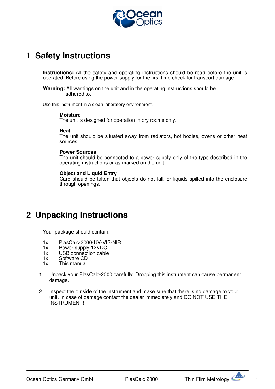 1 safety instructions, 2 unpacking instructions | Ocean Optics PlasCalc User Manual | Page 4 / 59