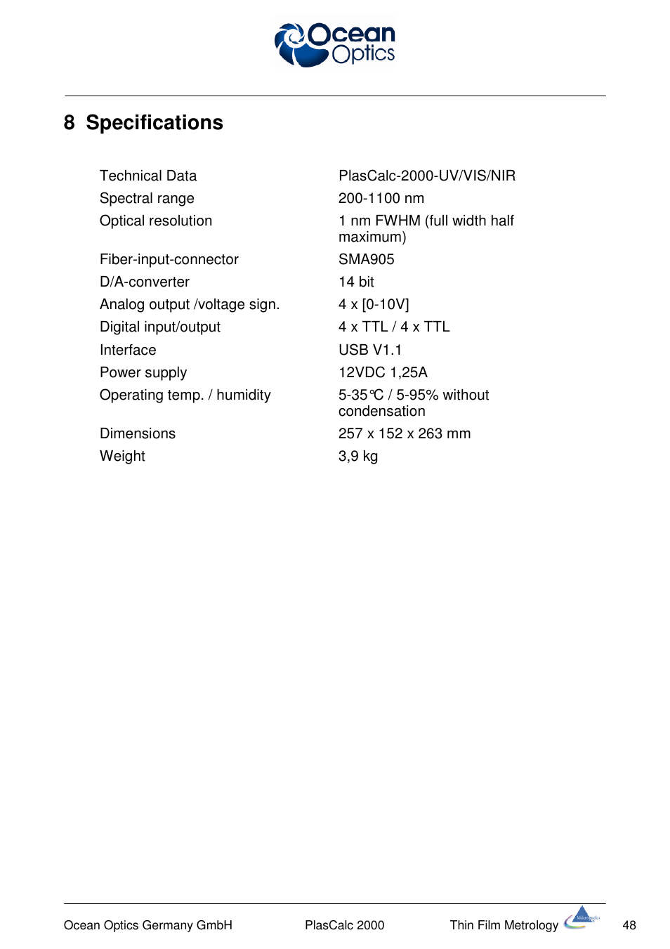 8 specifications | Ocean Optics PlasCalc User Manual | Page 51 / 59