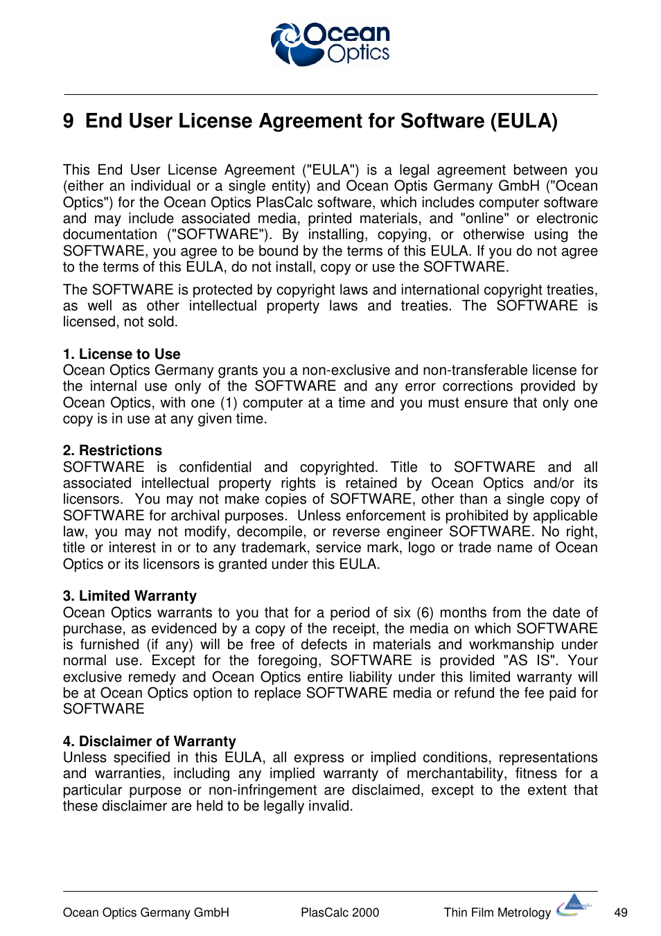 9 end user license agreement for software (eula) | Ocean Optics PlasCalc User Manual | Page 52 / 59