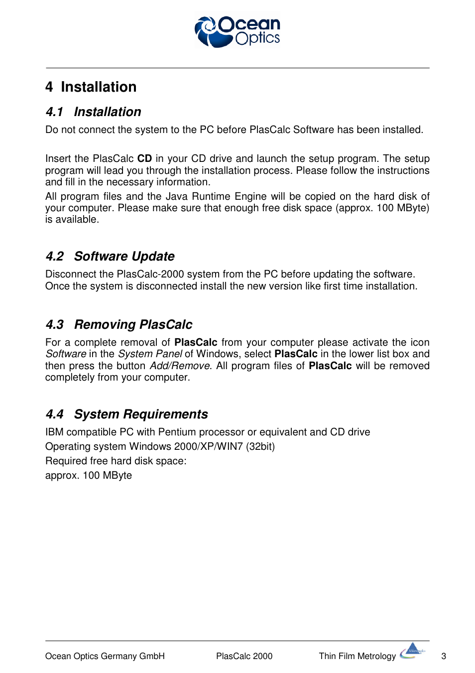 4 installation, 1 installation, 2 software update | 3 removing plascalc, 4 system requirements | Ocean Optics PlasCalc User Manual | Page 6 / 59