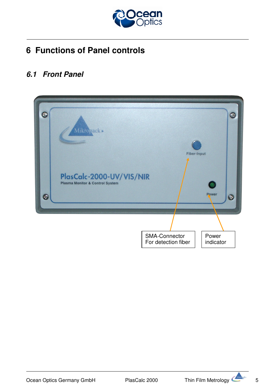 6 functions of panel controls, 1 front panel | Ocean Optics PlasCalc User Manual | Page 8 / 59