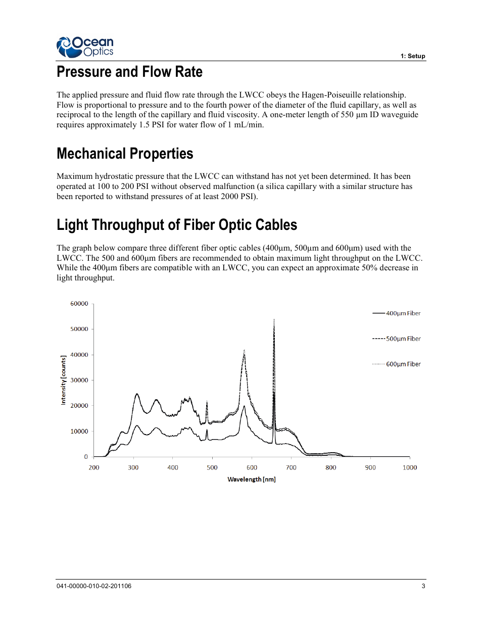 Pressure and flow rate, Mechanical properties, Light throughput of fiber optic cables | Ocean Optics LPC-500CM User Manual | Page 11 / 28