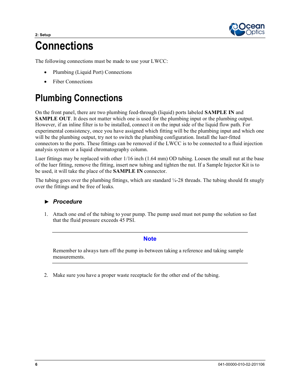 Connections, Plumbing connections | Ocean Optics LPC-500CM User Manual | Page 14 / 28