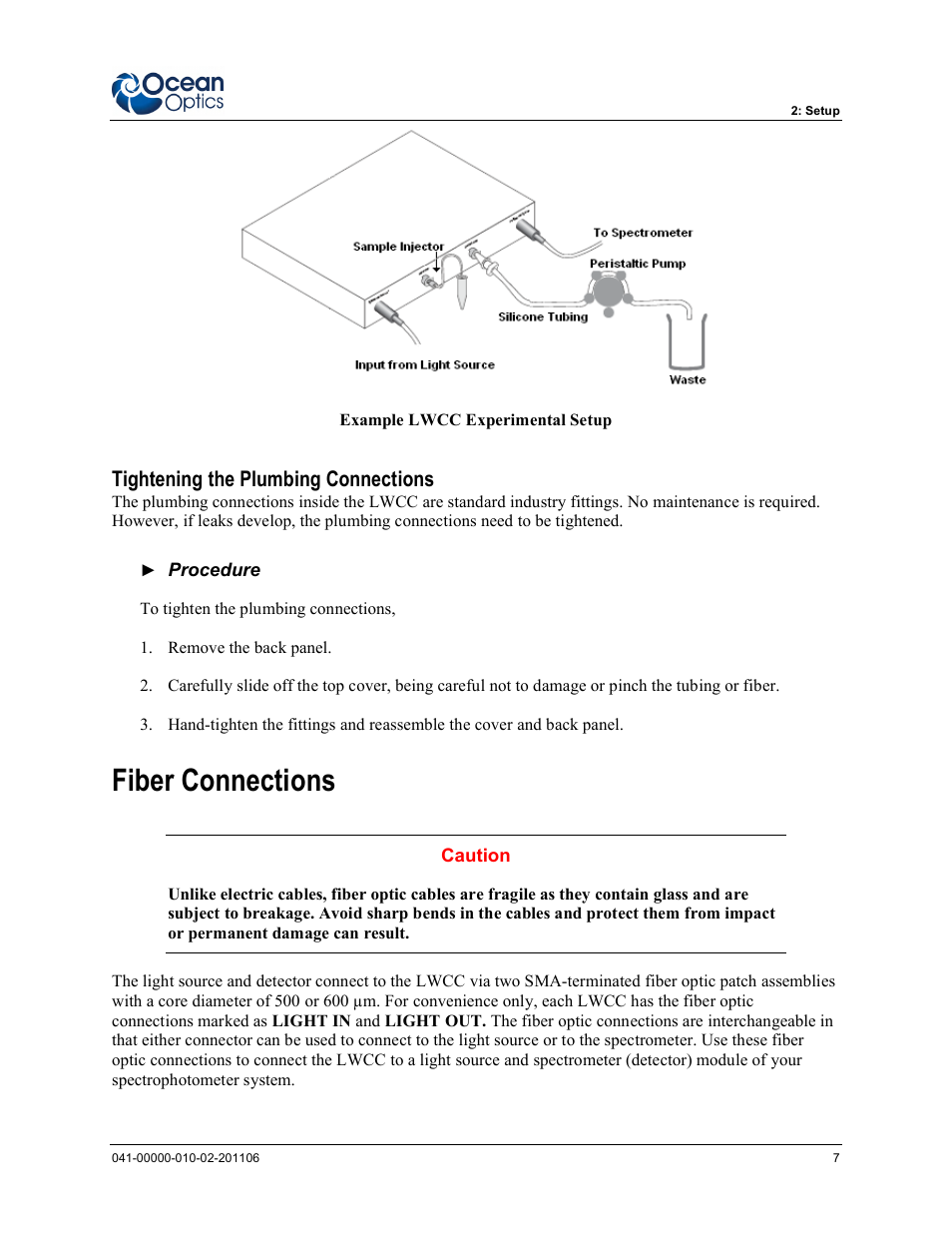Tightening the plumbing connections, Fiber connections | Ocean Optics LPC-500CM User Manual | Page 15 / 28