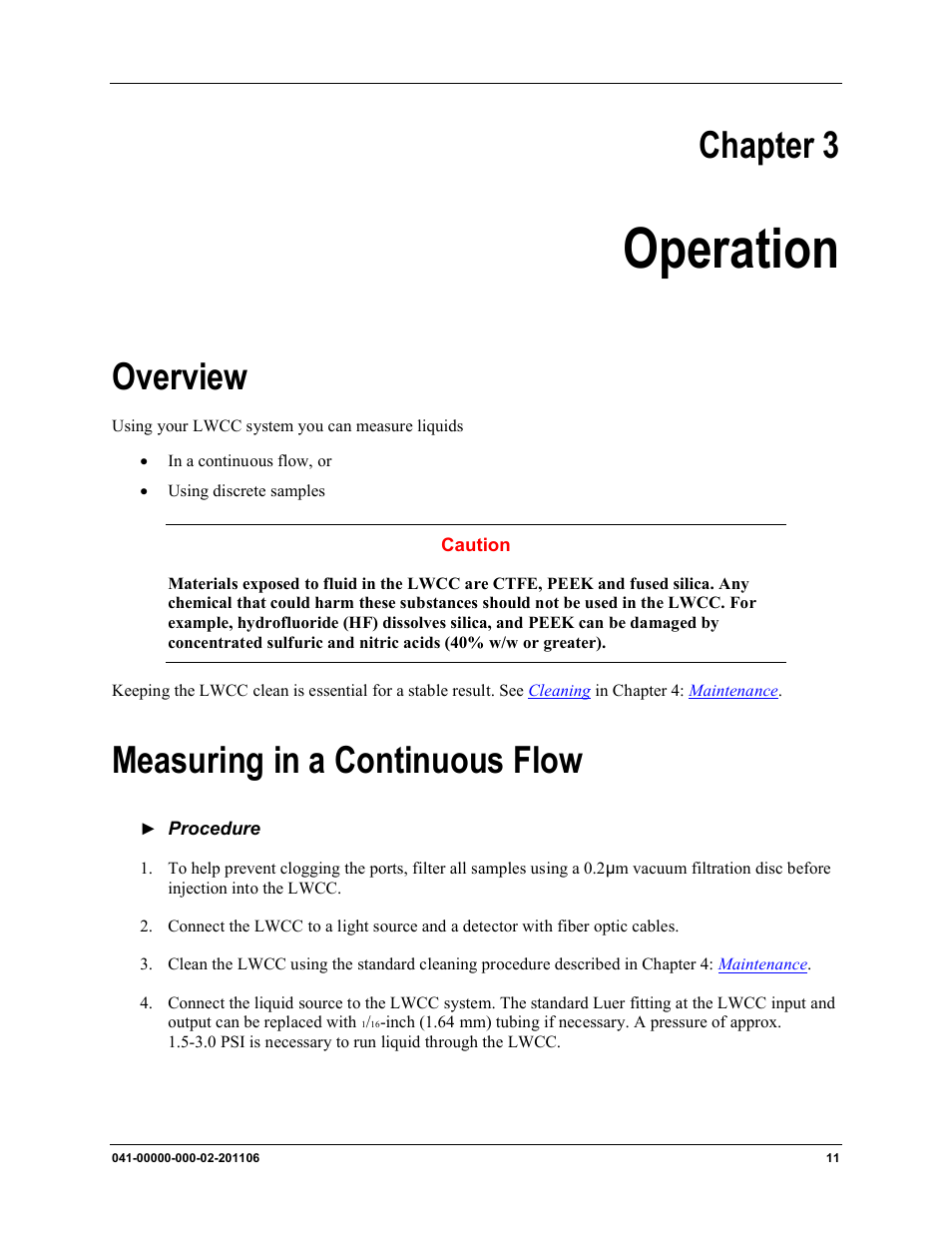 Operation, Overview measuring in a continuous flow, Chapter 3 | Overview, Measuring in a continuous flow | Ocean Optics LPC-500CM User Manual | Page 19 / 28