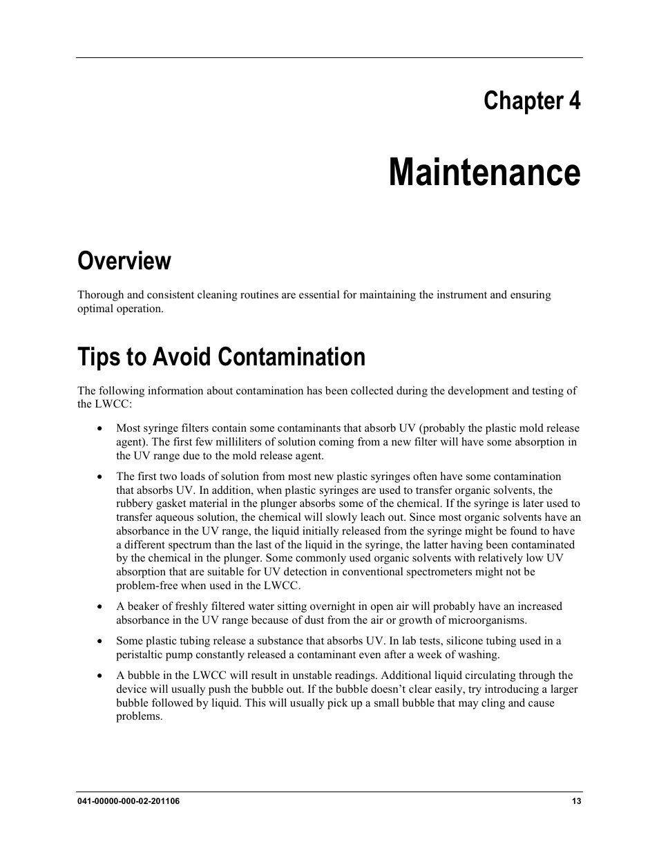 Maintenance, Overview tips to avoid contamination, Chapter 4 | Apter 4, Ter 4, Overview, Tips to avoid contamination | Ocean Optics LPC-500CM User Manual | Page 21 / 28