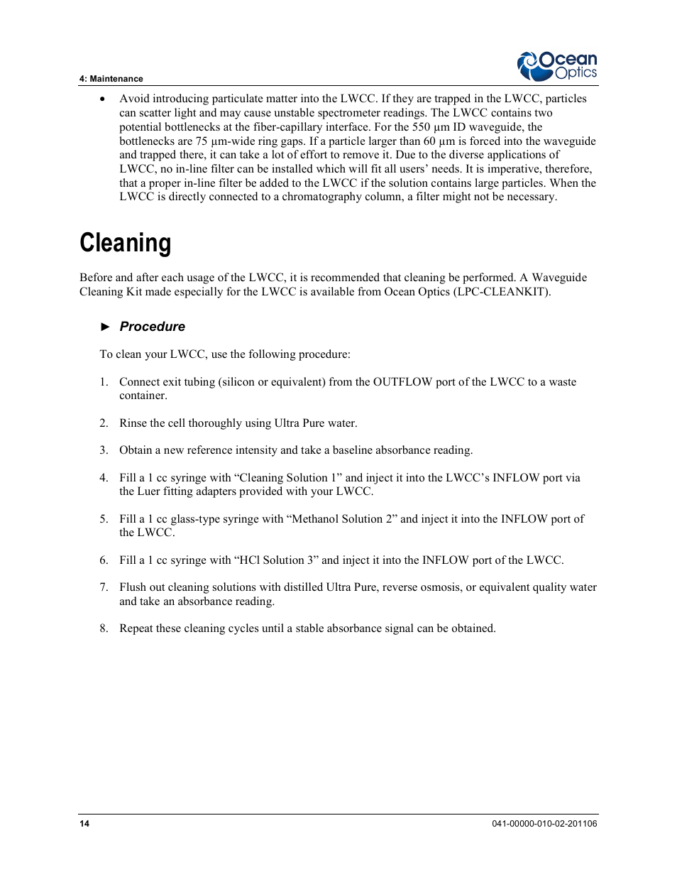 Cleaning, T. see | Ocean Optics LPC-500CM User Manual | Page 22 / 28