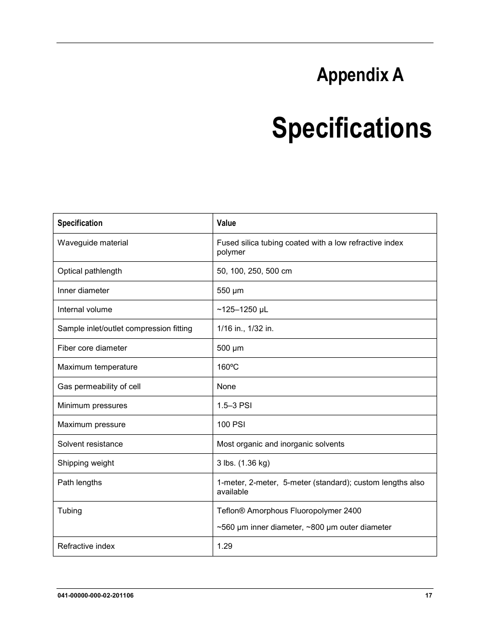 A: specifications, Specifications, Appendix a | Ocean Optics LPC-500CM User Manual | Page 25 / 28