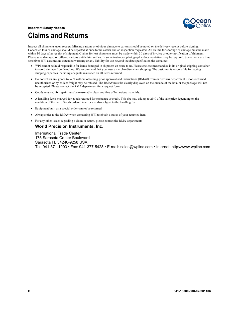 Claims and returns | Ocean Optics LPC-500CM User Manual | Page 4 / 28