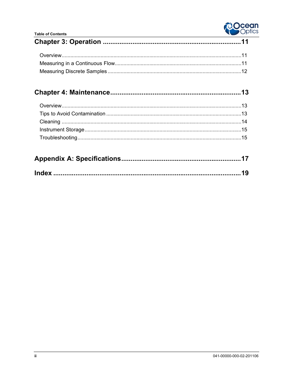 Chapter 3 : operation, Chapter 4 : maintenance, Appendix a: specifications index | Ocean Optics LPC-500CM User Manual | Page 6 / 28