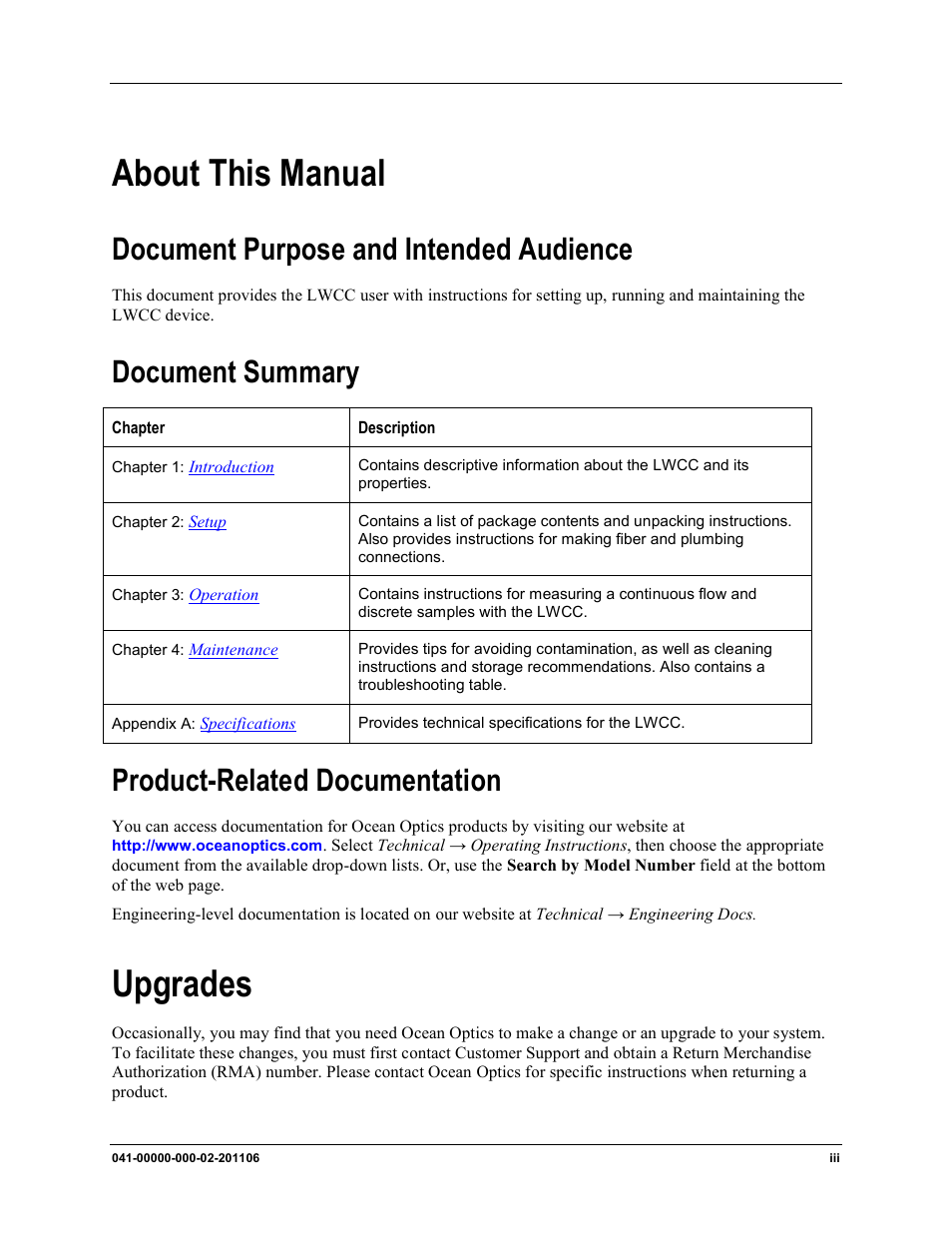 About this manual, Upgrades, Document purpose and intended audience | Document summary, Product-related documentation | Ocean Optics LPC-500CM User Manual | Page 7 / 28