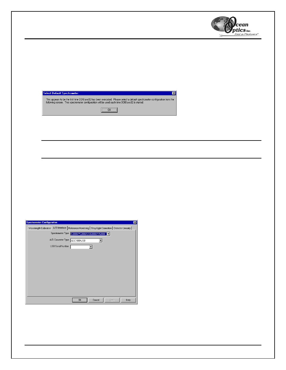 Configuring the spectrometer, Open the spectrometer configuration screen, Wavelength calibration tab | Ocean Optics ADC2000-PCI User Manual | Page 7 / 13