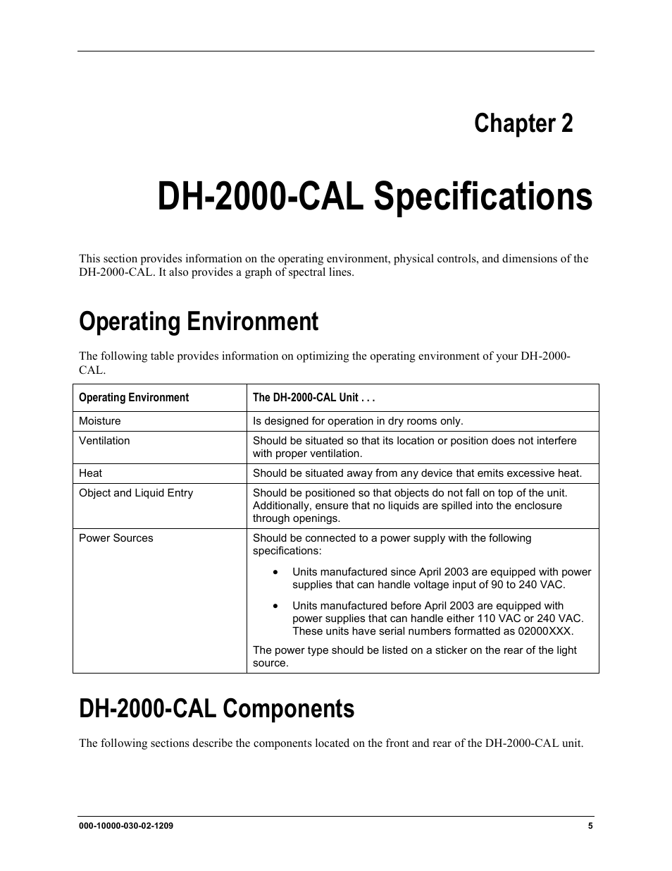Dh-2000-cal specifications, Operating environment dh-2000-cal components, Chapter 2 | Operating environment, Dh-2000-cal components | Ocean Optics DH-2000-CAL User Manual | Page 13 / 30