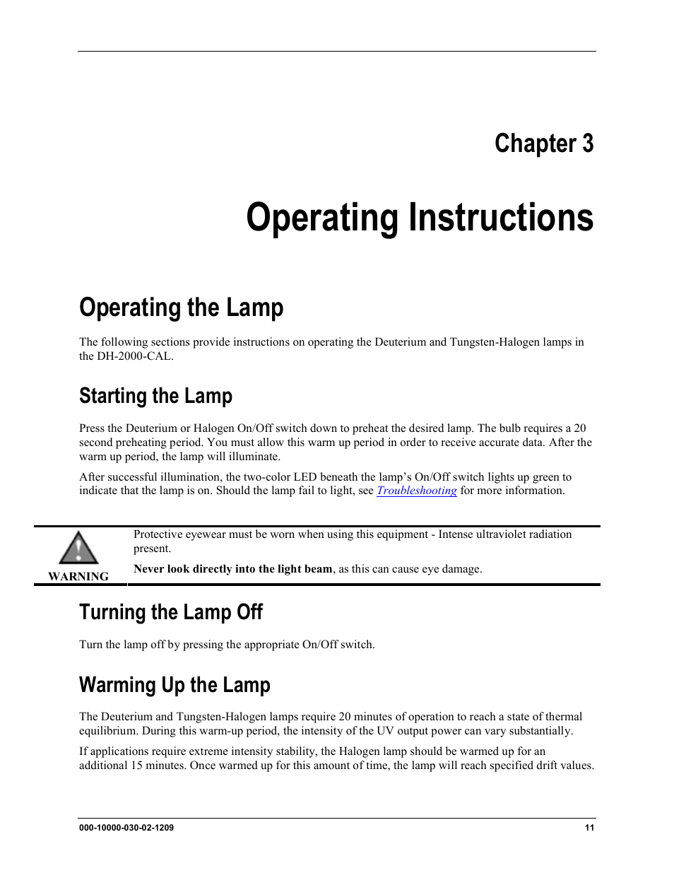 Operating instructions, Operating the lamp, Chapter 3 | Starting the lamp, Turning the lamp off, Warming up the lamp | Ocean Optics DH-2000-CAL User Manual | Page 19 / 30