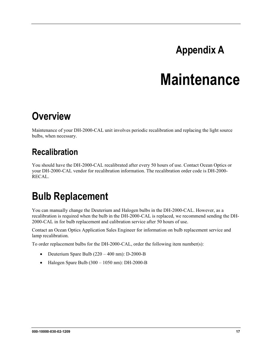 A: maintenance, Overview, Recalibration | Bulb replacement, Maintenance, Appendix a | Ocean Optics DH-2000-CAL User Manual | Page 25 / 30