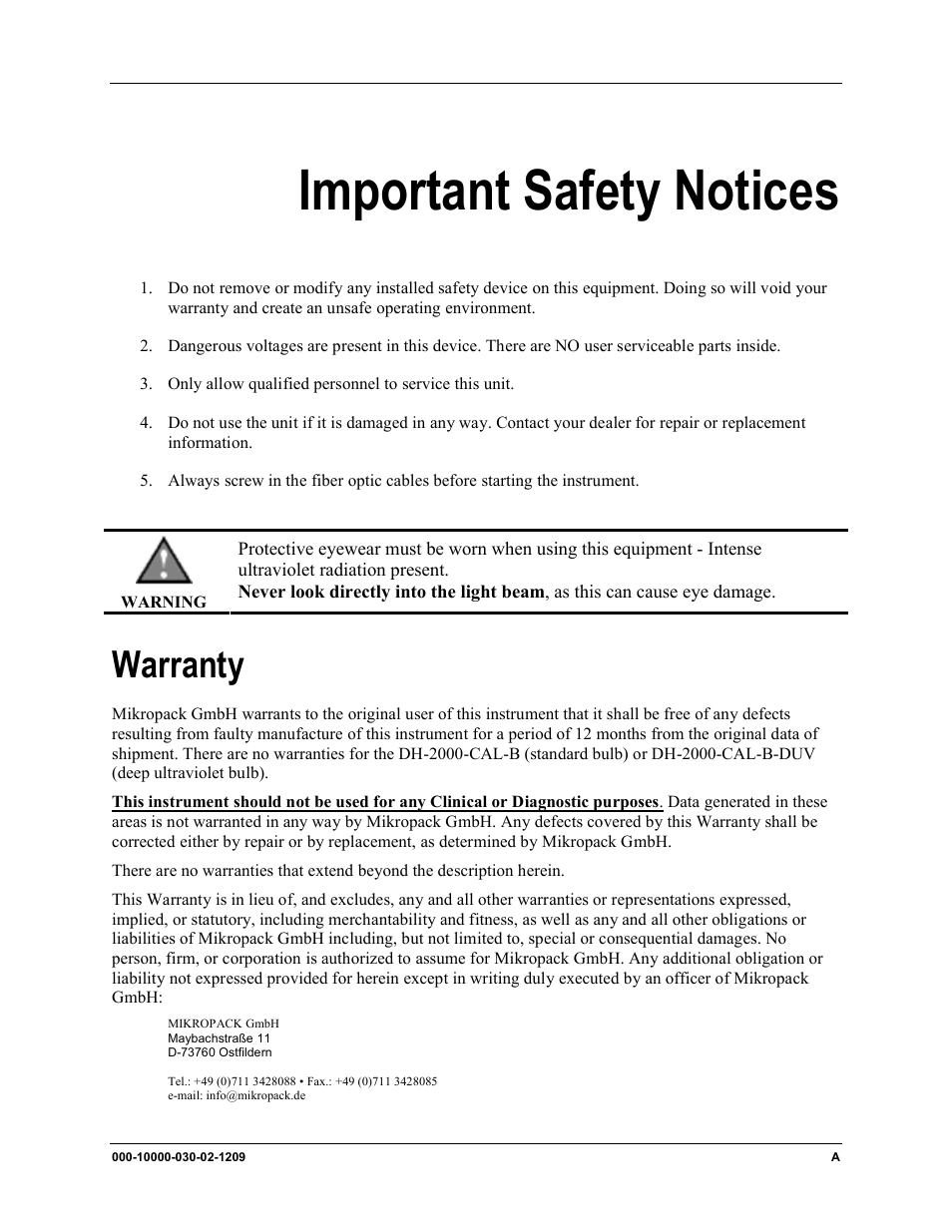 Important safety notices, Warranty | Ocean Optics DH-2000-CAL User Manual | Page 3 / 30