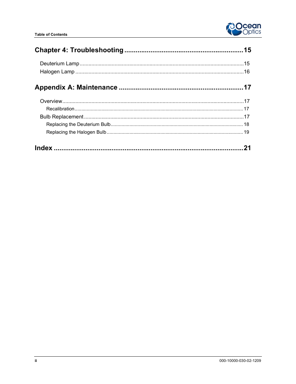 Chapter 4 : troubleshooting, Appendix a: maintenance, Index | Ocean Optics DH-2000-CAL User Manual | Page 6 / 30