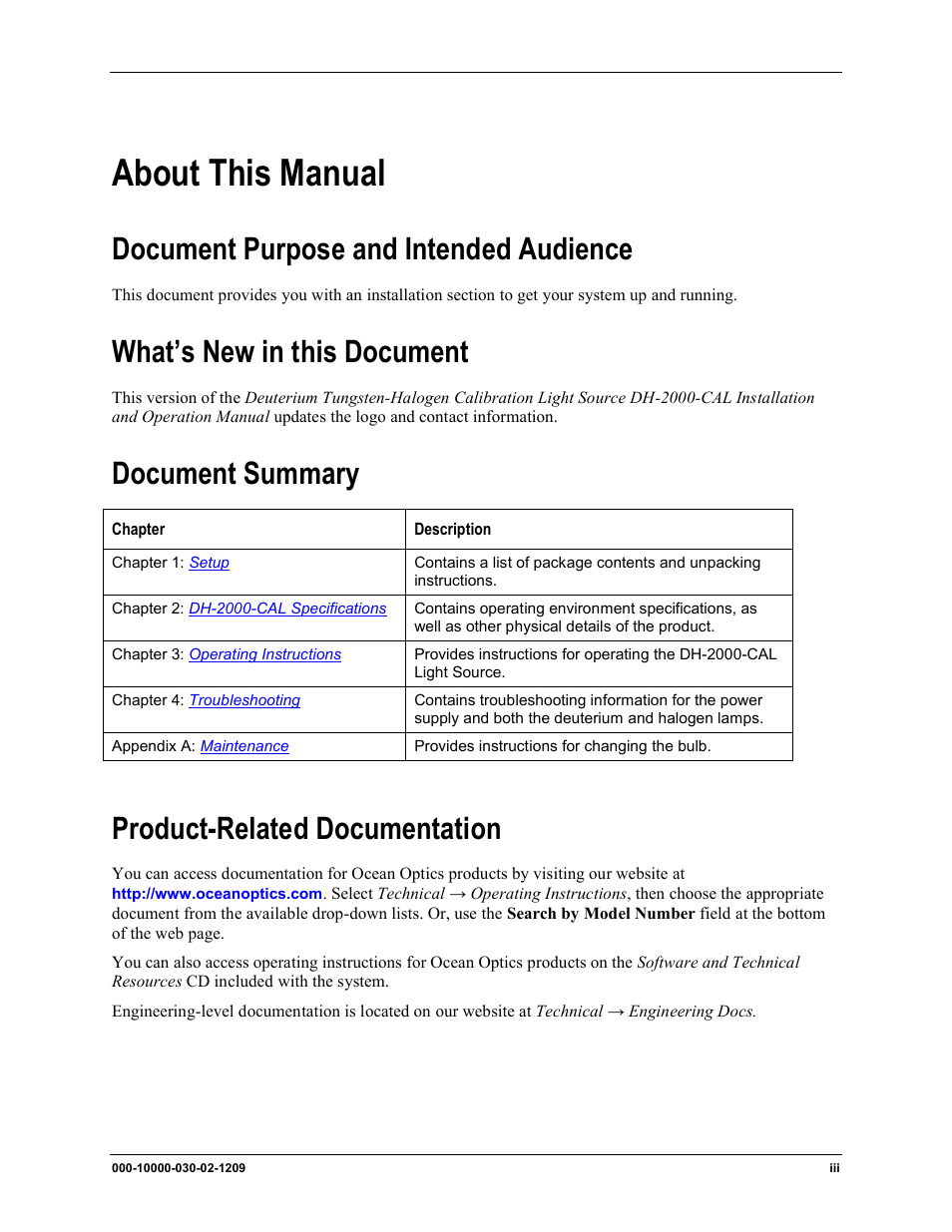 About this manual, Document purpose and intended audience, What’s new in this document | Document summary, Product-related documentation | Ocean Optics DH-2000-CAL User Manual | Page 7 / 30