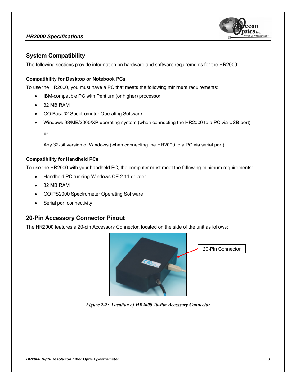 System compatibility, Compatibility for desktop or notebook pcs, Compatibility for handheld pcs | Pin accessory connector pinout | Ocean Optics HR2000CG-UV-NIR User Manual | Page 12 / 42