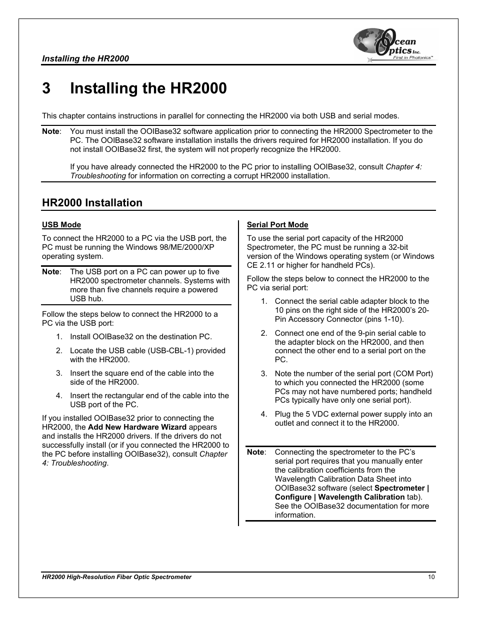 Hr2000 installation, Usb mode, Serial port mode | Chapter 3, Installing the hr2000 | Ocean Optics HR2000CG-UV-NIR User Manual | Page 14 / 42