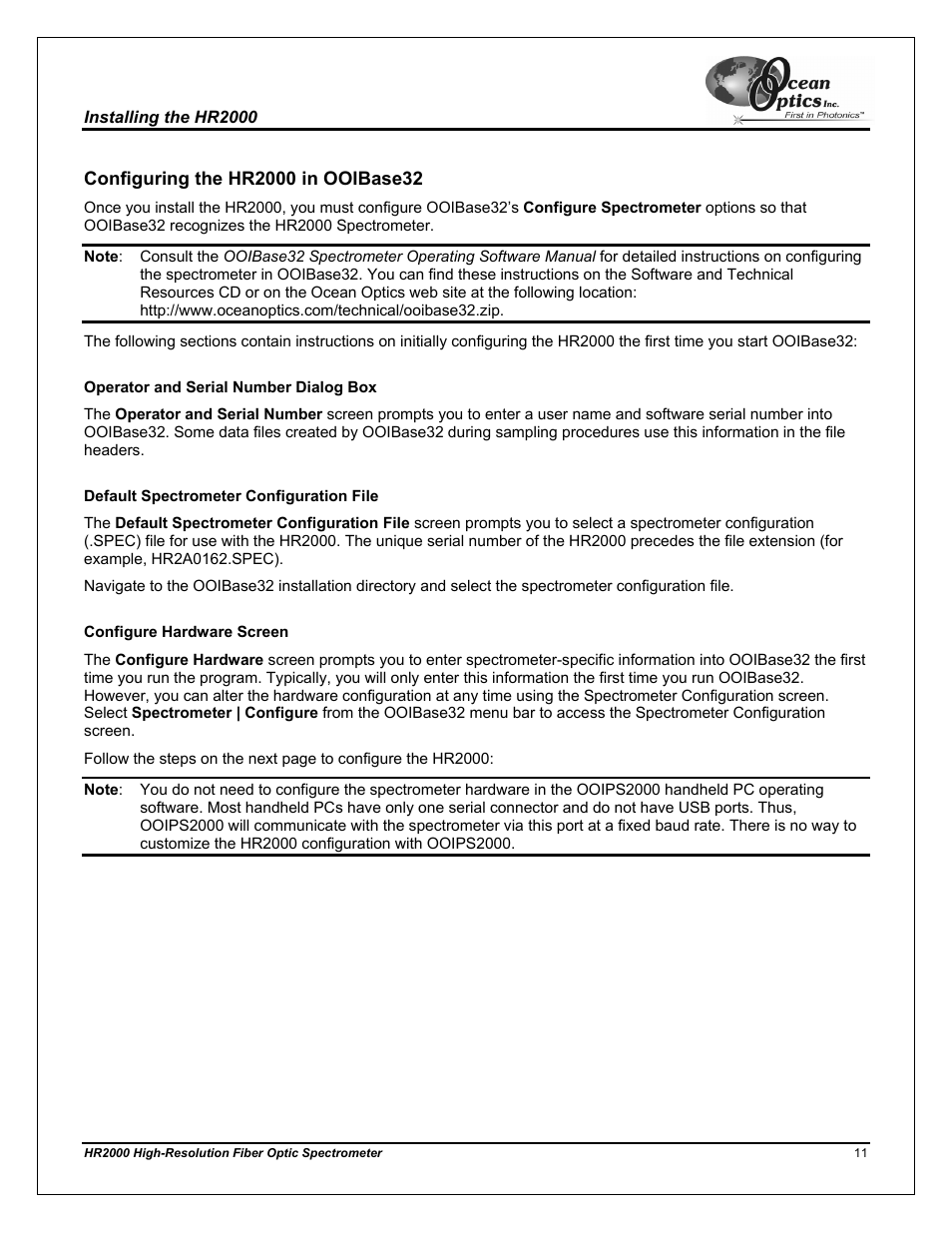 Configuring the hr2000 in ooibase32, Operator and serial number dialog box, Default spectrometer configuration file | Configure hardware screen | Ocean Optics HR2000CG-UV-NIR User Manual | Page 15 / 42