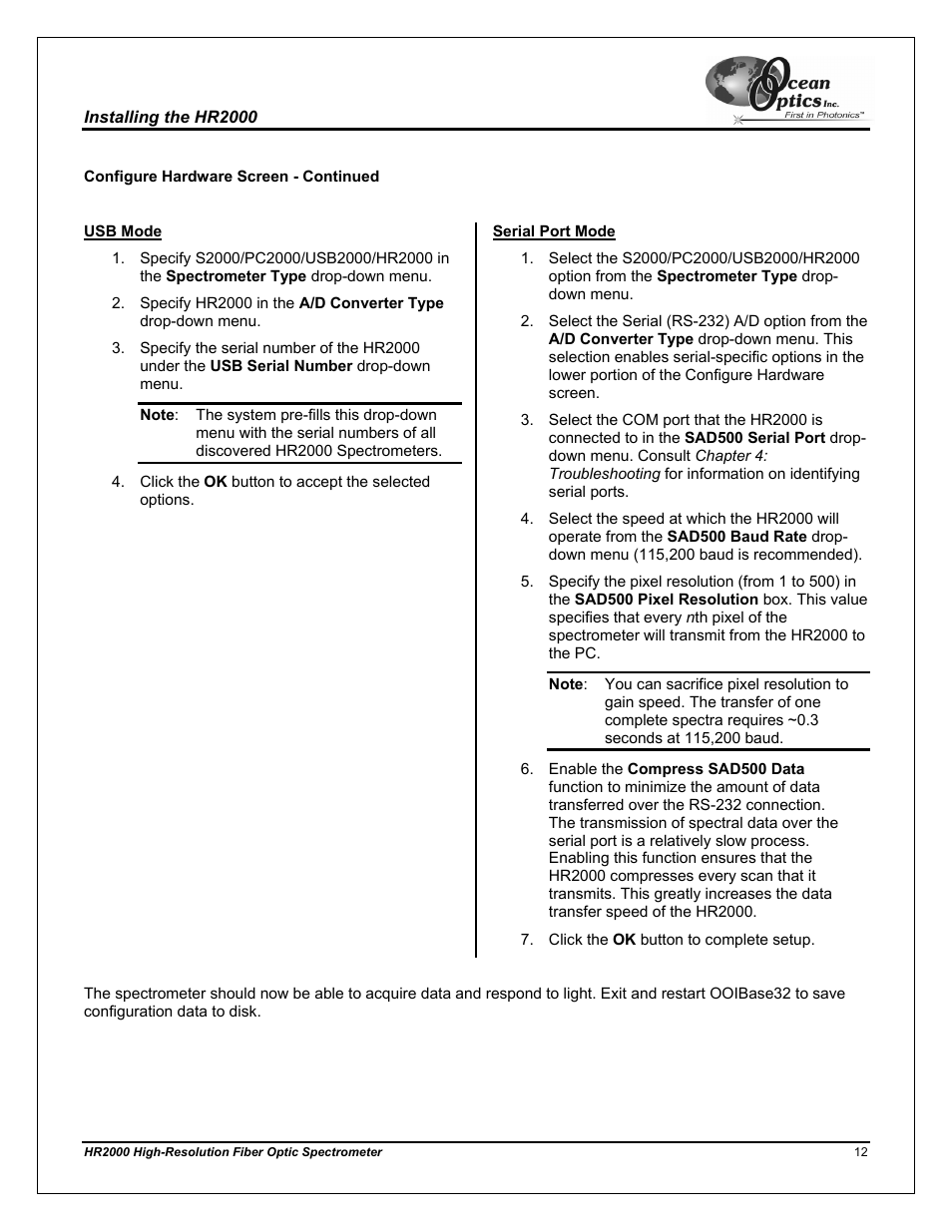 Configure hardware screen - continued, Usb mode, Serial port mode | Ocean Optics HR2000CG-UV-NIR User Manual | Page 16 / 42