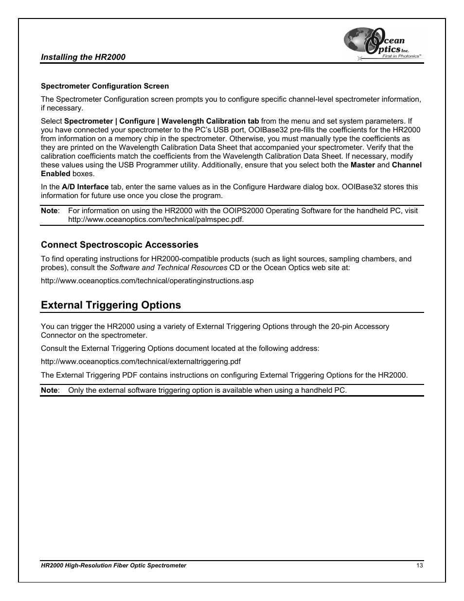 Spectrometer configuration screen, Connect spectroscopic accessories, External triggering options | Ocean Optics HR2000CG-UV-NIR User Manual | Page 17 / 42