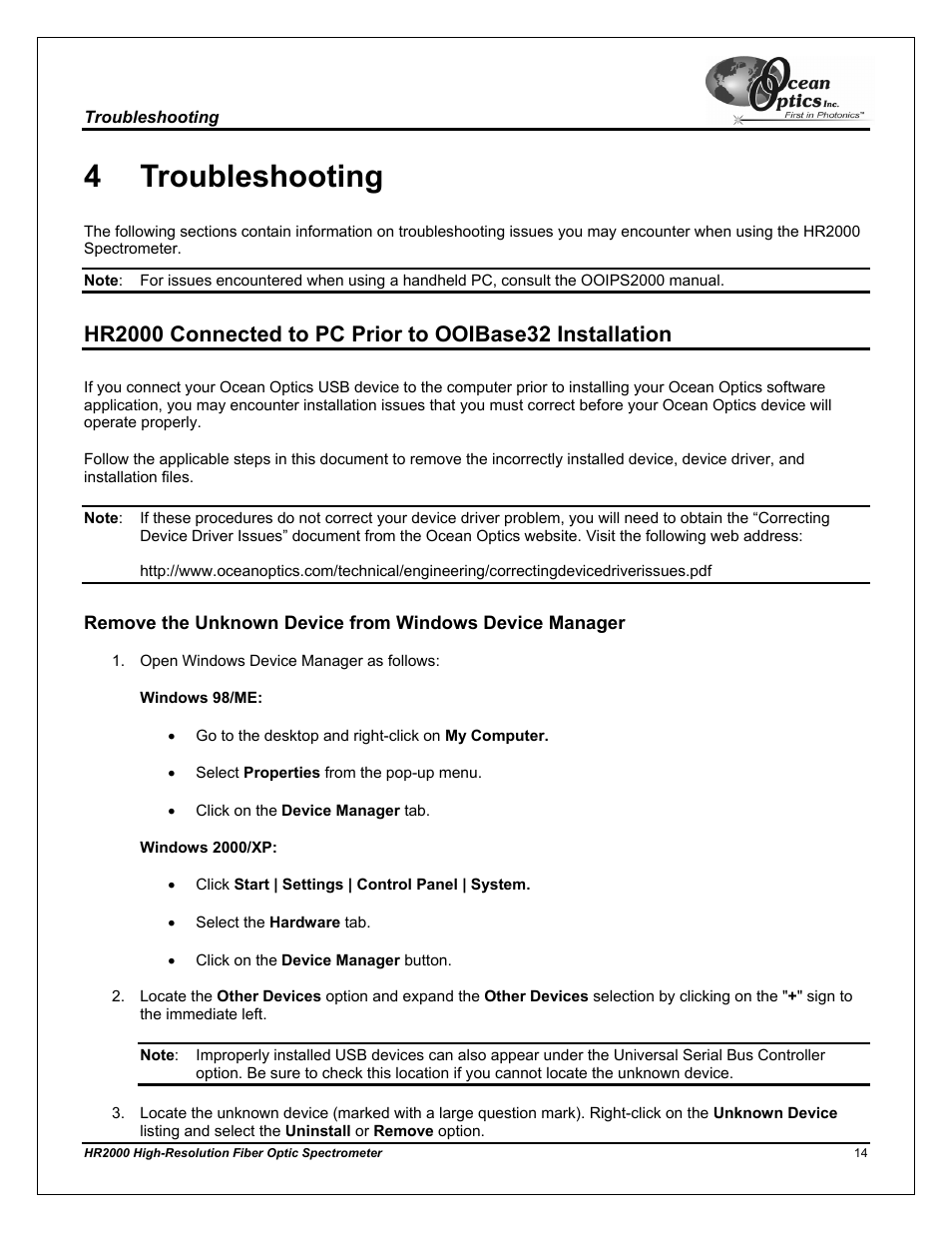 Chapter 4, Troubleshooting, 4 troubleshooting | Ocean Optics HR2000CG-UV-NIR User Manual | Page 18 / 42