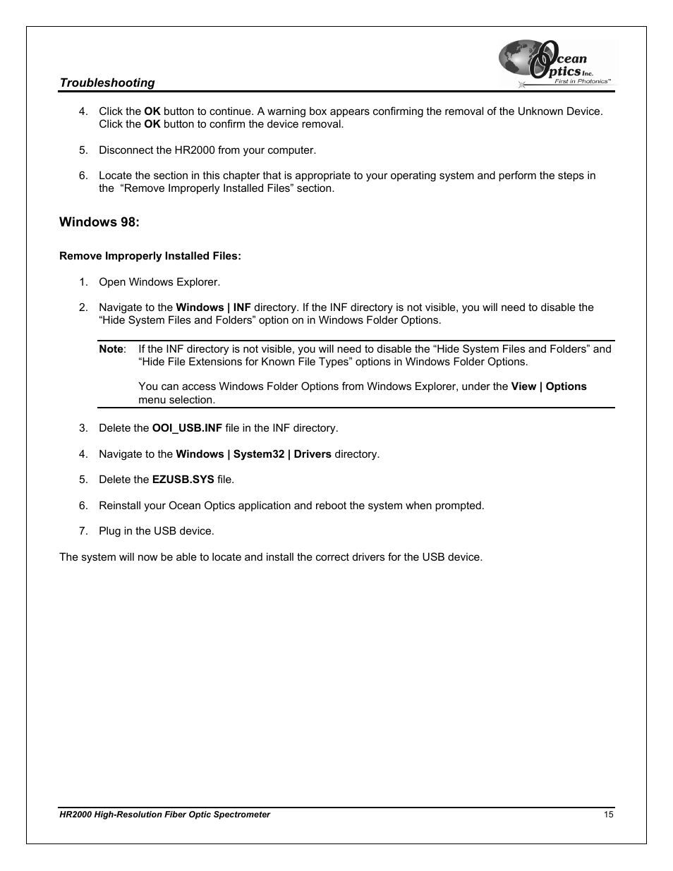 Windows 98, Remove improperly installed files | Ocean Optics HR2000CG-UV-NIR User Manual | Page 19 / 42