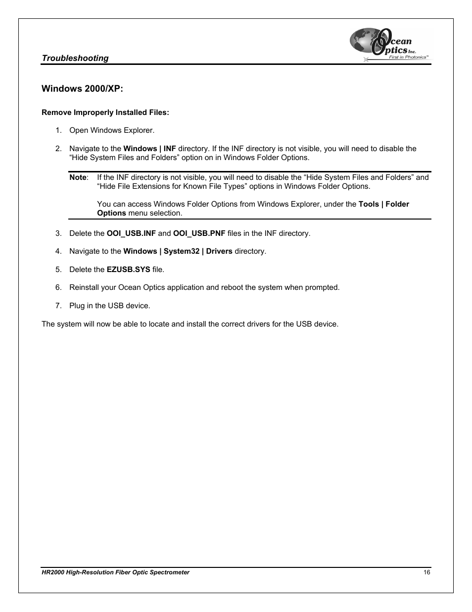 Windows 2000/xp, Remove improperly installed files | Ocean Optics HR2000CG-UV-NIR User Manual | Page 20 / 42