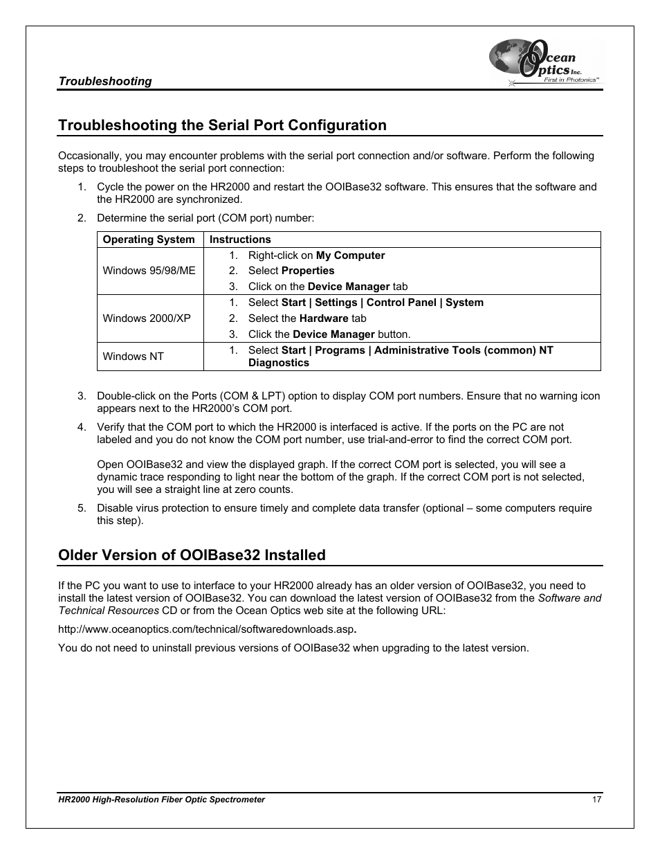 Troubleshooting the serial port configuration, Older version of ooibase32 installed | Ocean Optics HR2000CG-UV-NIR User Manual | Page 21 / 42