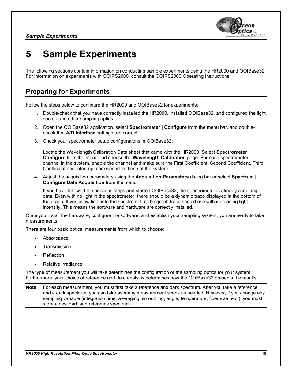 Preparing for experiments, Chapter, Sample experiments | 5 sample experiments | Ocean Optics HR2000CG-UV-NIR User Manual | Page 22 / 42