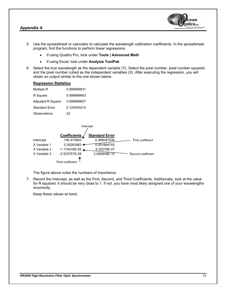 Regression statistics | Ocean Optics HR2000CG-UV-NIR User Manual | Page 37 / 42