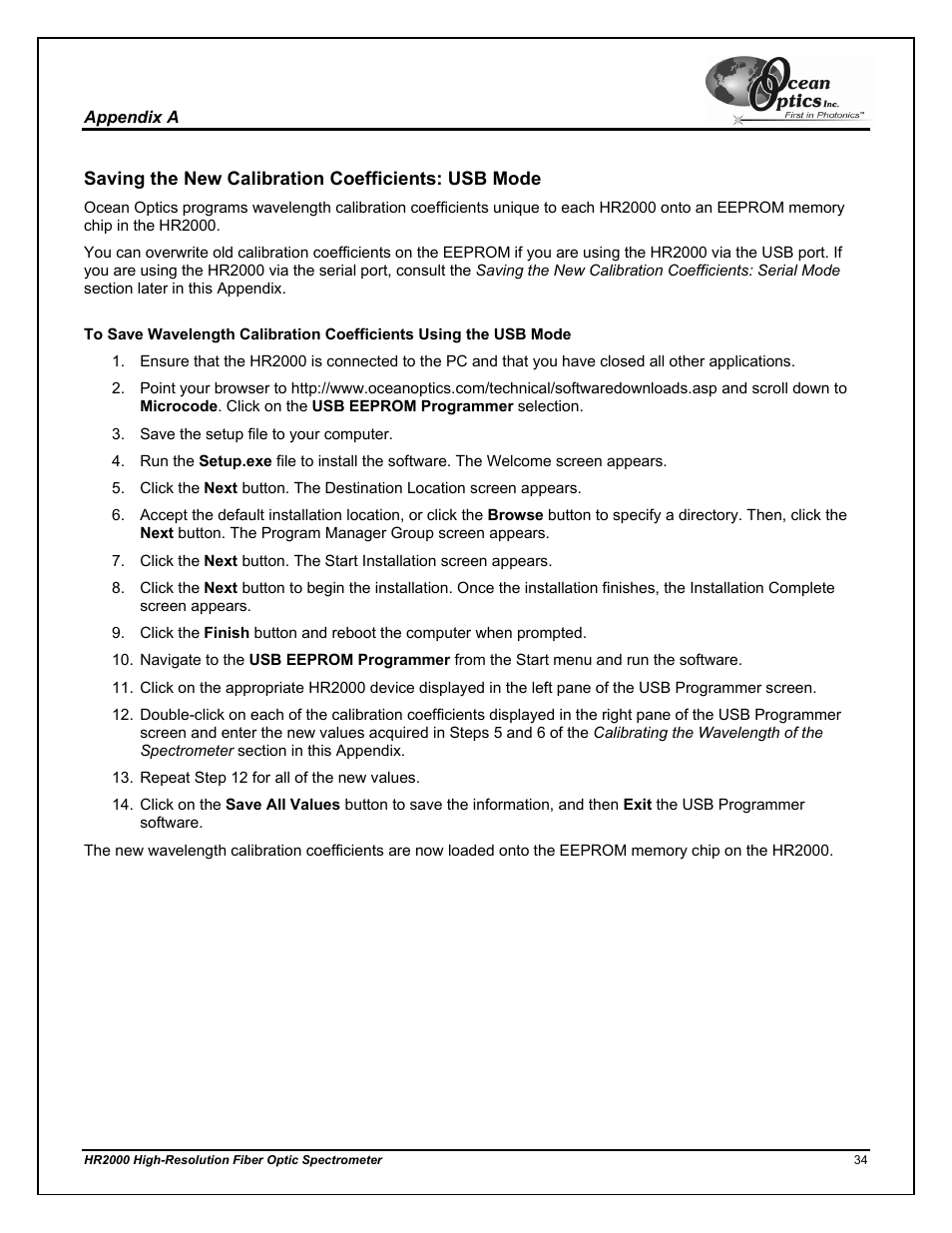 Saving the new calibration coefficients: usb mode | Ocean Optics HR2000CG-UV-NIR User Manual | Page 38 / 42