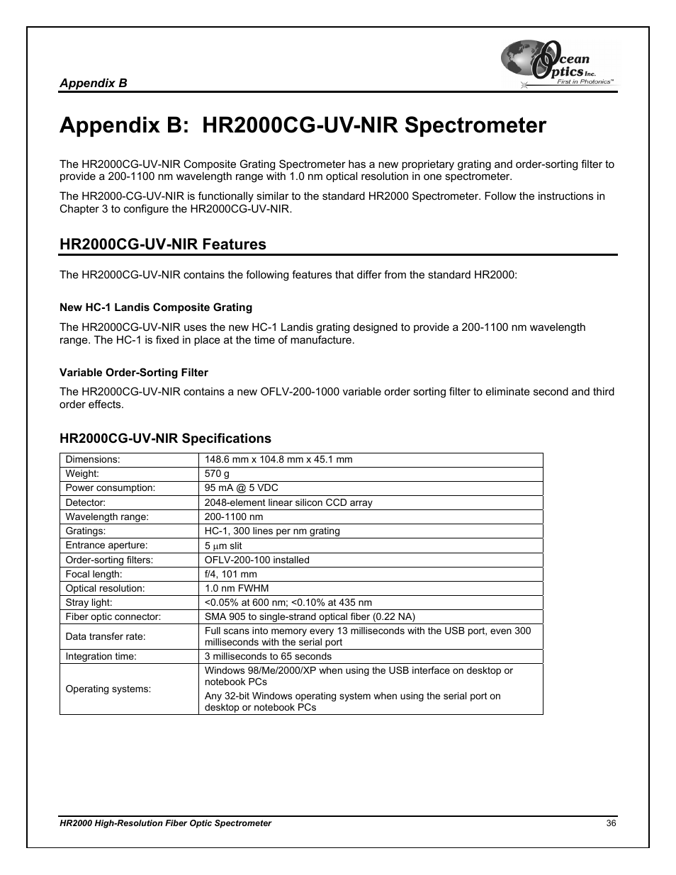 Hr2000cg-uv-nir features, New hc-1 landis composite grating, Variable order-sorting filter | Hr2000cg-uv-nir specifications, Appendix b: hr2000cg-uv-nir spectrometer | Ocean Optics HR2000CG-UV-NIR User Manual | Page 40 / 42