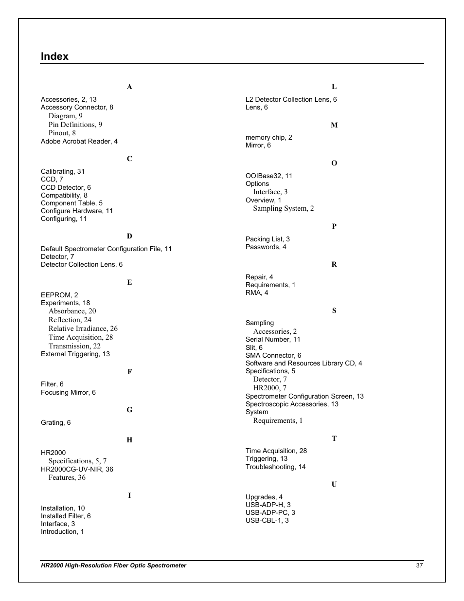 Index | Ocean Optics HR2000CG-UV-NIR User Manual | Page 41 / 42