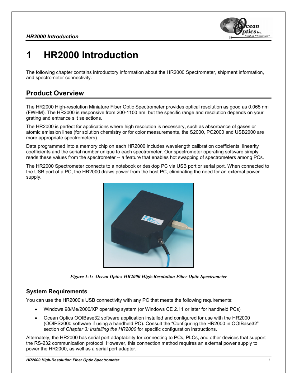 Product overview, System requirements, Chapter 1 | Hr2000 introduction | Ocean Optics HR2000CG-UV-NIR User Manual | Page 5 / 42