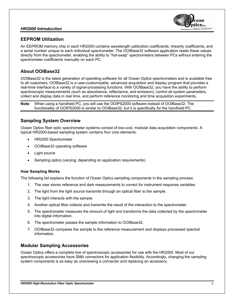 Eeprom utilization, About ooibase32, Sampling system overview | How sampling works, Modular sampling accessories | Ocean Optics HR2000CG-UV-NIR User Manual | Page 6 / 42