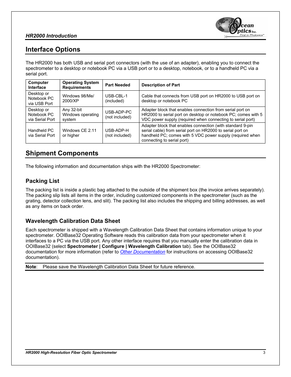 Interface options, Shipment components, Packing list | Wavelength calibration data sheet | Ocean Optics HR2000CG-UV-NIR User Manual | Page 7 / 42