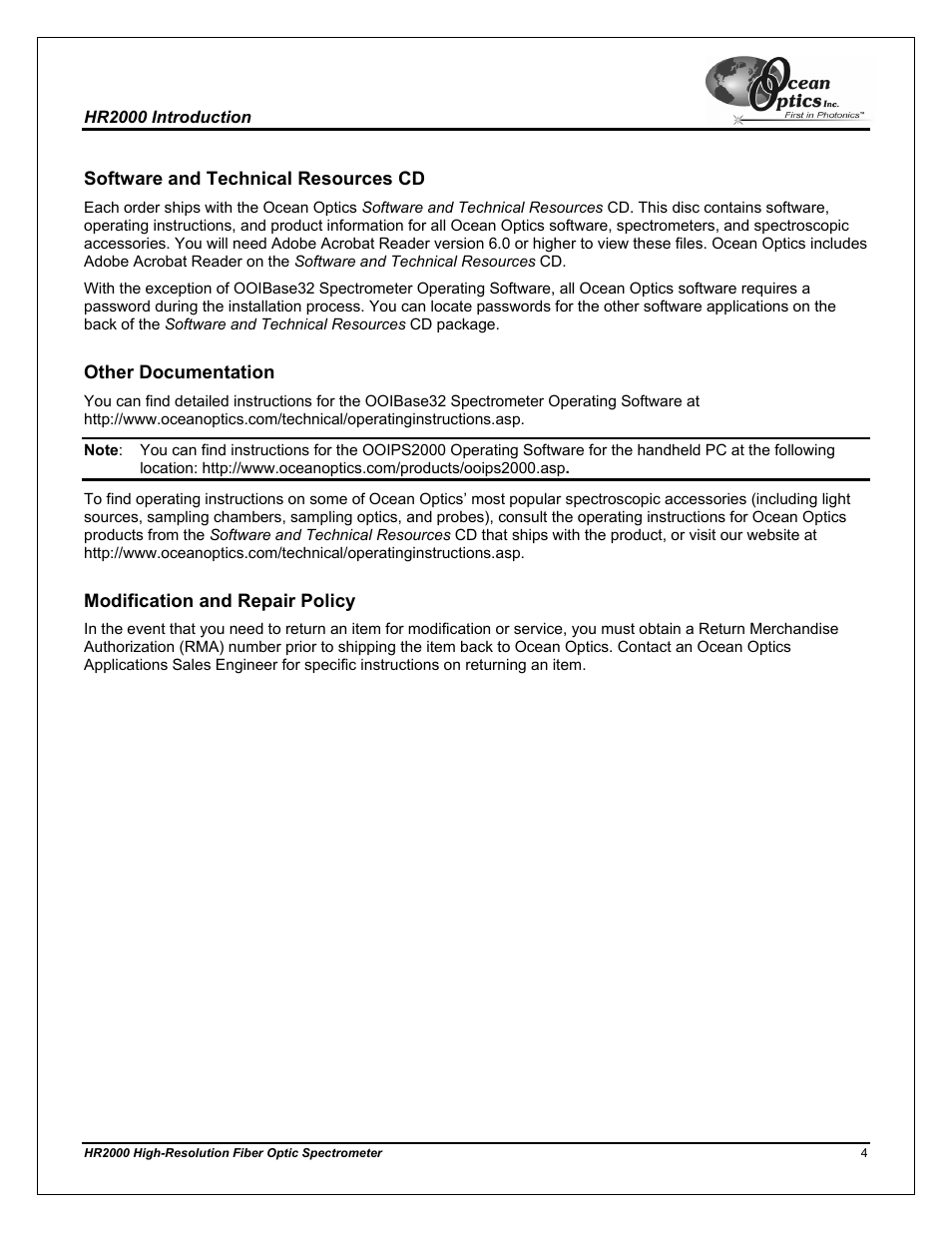 Software and technical resources cd, Other documentation, Modification and repair policy | Ocean Optics HR2000CG-UV-NIR User Manual | Page 8 / 42