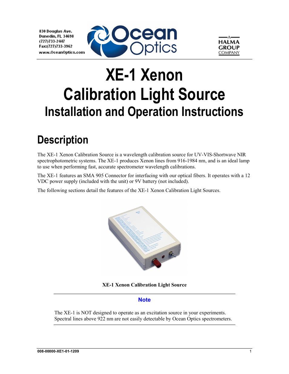 Ocean Optics XE-1 Xenon User Manual | 6 pages
