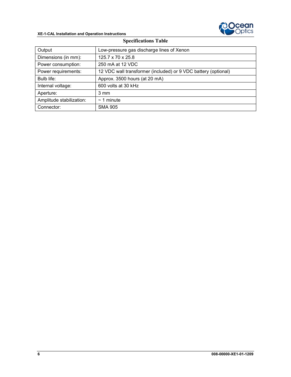 Ocean Optics XE-1 Xenon User Manual | Page 6 / 6