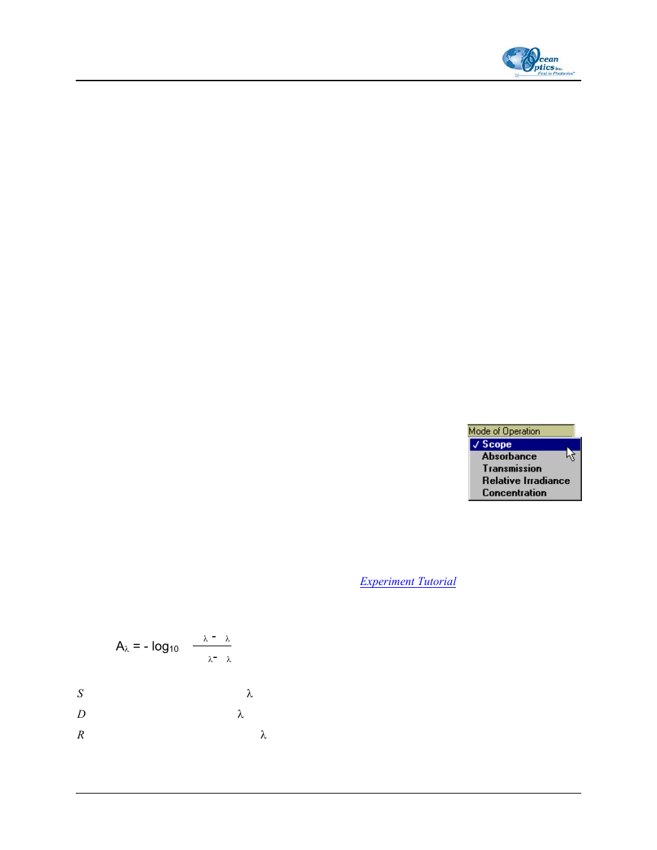 Display functions, Spectrometer channel selection, Mode of operation | Scope, Absorbance | Ocean Optics CHEM2000 User Manual | Page 12 / 36